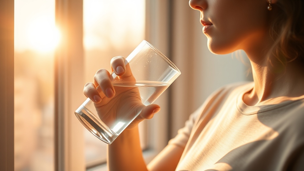 아침 햇살이 비치는 창가에서 투명한 유리잔에 담긴 물을 마시며 하루를 시작하는 모습